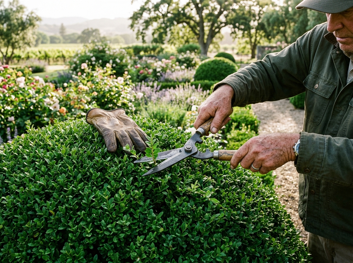 Master landscape artisan trimming manicured topiary hedge with precision shears in Napa garden