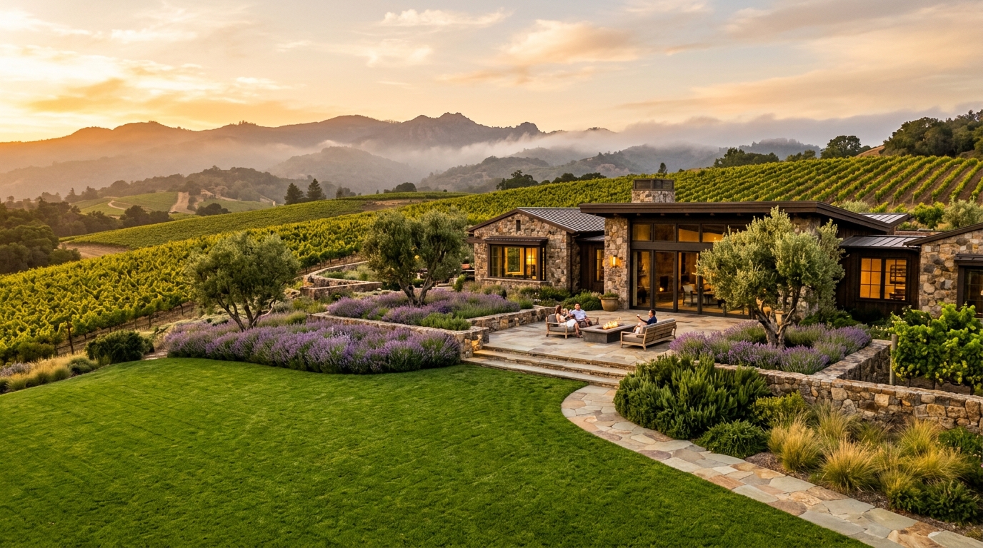 Pristine luxury Napa Valley estate with manicured green lawns, stone patio, lavender, and rolling vineyard hills