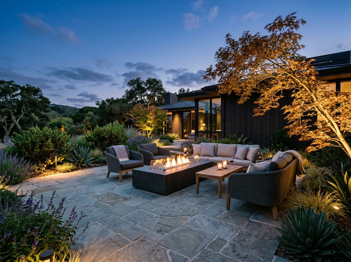 Luxury outdoor living space with bluestone patio and fire feature in Calistoga