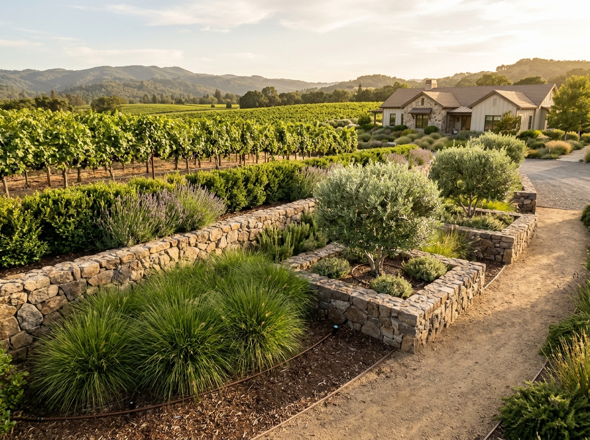 Lush private estate vineyard and manicured garden boundary in Sonoma Valley with stone planters